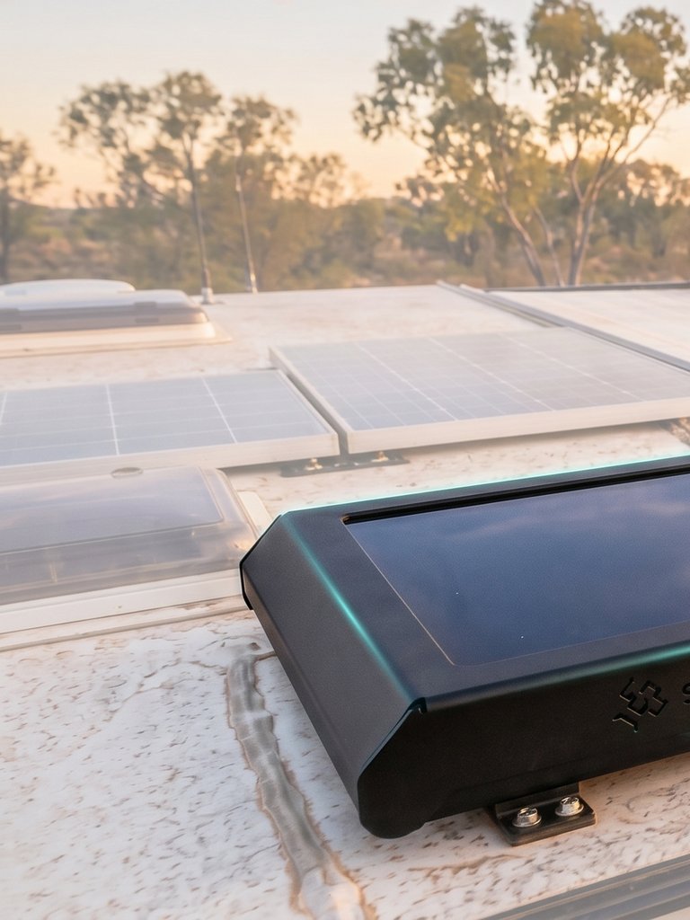 SatelliteMount Pro security mount for Starlink Mini installed on a caravan roof at an Australian outback campsite at sunset
